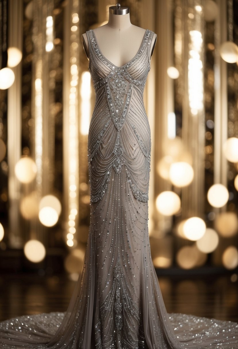 A shimmering, floor-length gown adorned with intricate beadwork and sequins, exuding opulence and glamour reminiscent of the Gatsby era