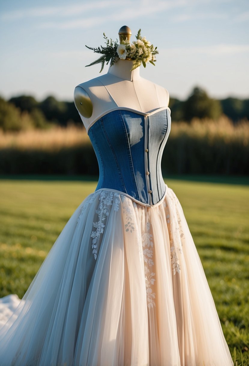 A rustic wedding dress with a denim corset, flowing skirt, and country-chic details