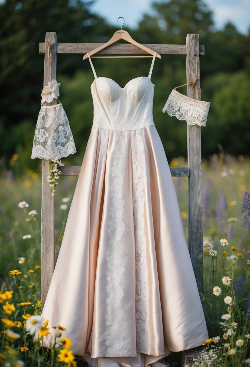 A rustic satin gown with lace paneling hangs on a weathered wooden hanger, surrounded by wildflowers and vintage lace accessories