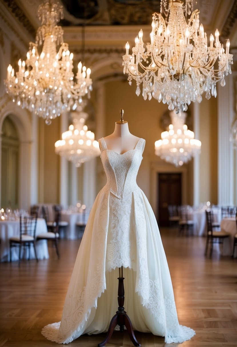 A grand ballroom with chandeliers and ornate decor, showcasing a mannequin wearing a high-low hemline 1800s wedding dress