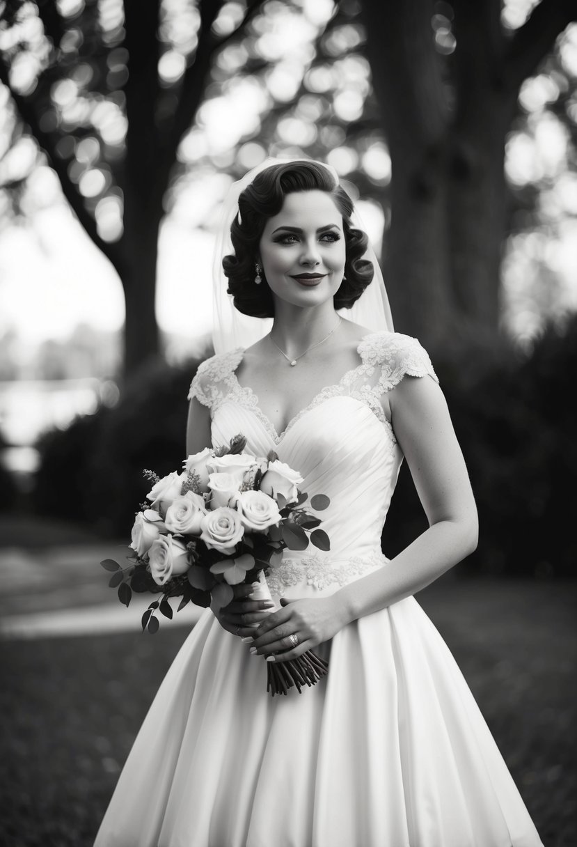 A bride in a 40s-style gown, with a fitted bodice, full skirt, and lace details, holding a bouquet of roses