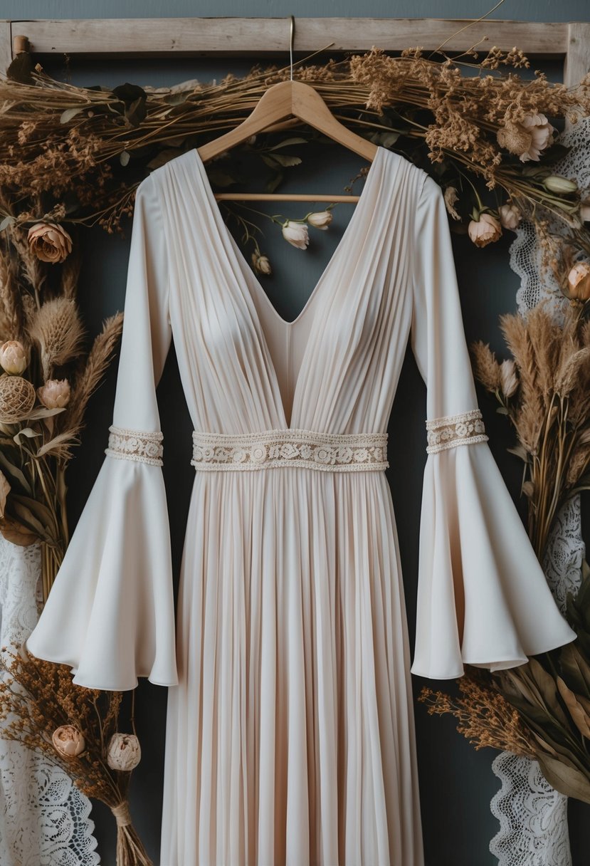 A boho gown with a plunging neckline and bell sleeves hangs on a rustic wooden hanger, surrounded by dried flowers and vintage lace