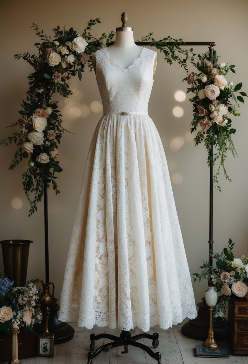 A vintage lace A-line gown hangs on a mannequin, surrounded by antique accessories and floral arrangements, evoking 1940s elegance