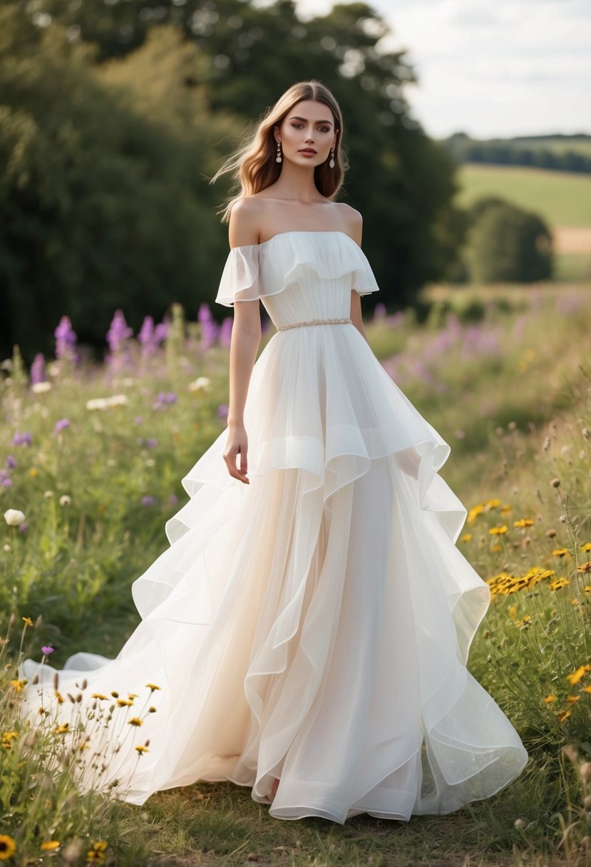 An ethereal off-the-shoulder dress with flowing organza layers, set against a rustic backdrop of wildflowers and a serene countryside setting