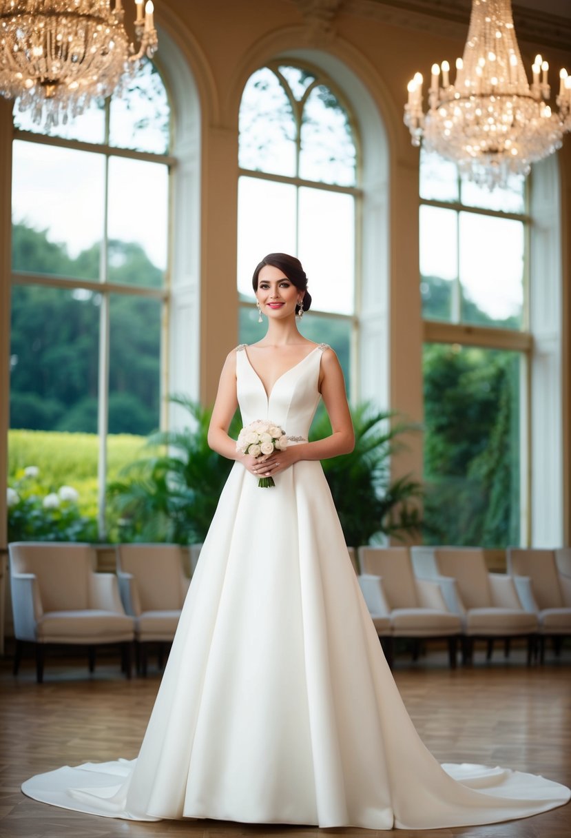 A bride in a classic A-line wedding dress with a modern twist, standing in a grand ballroom with ornate chandeliers and large windows overlooking a lush garden