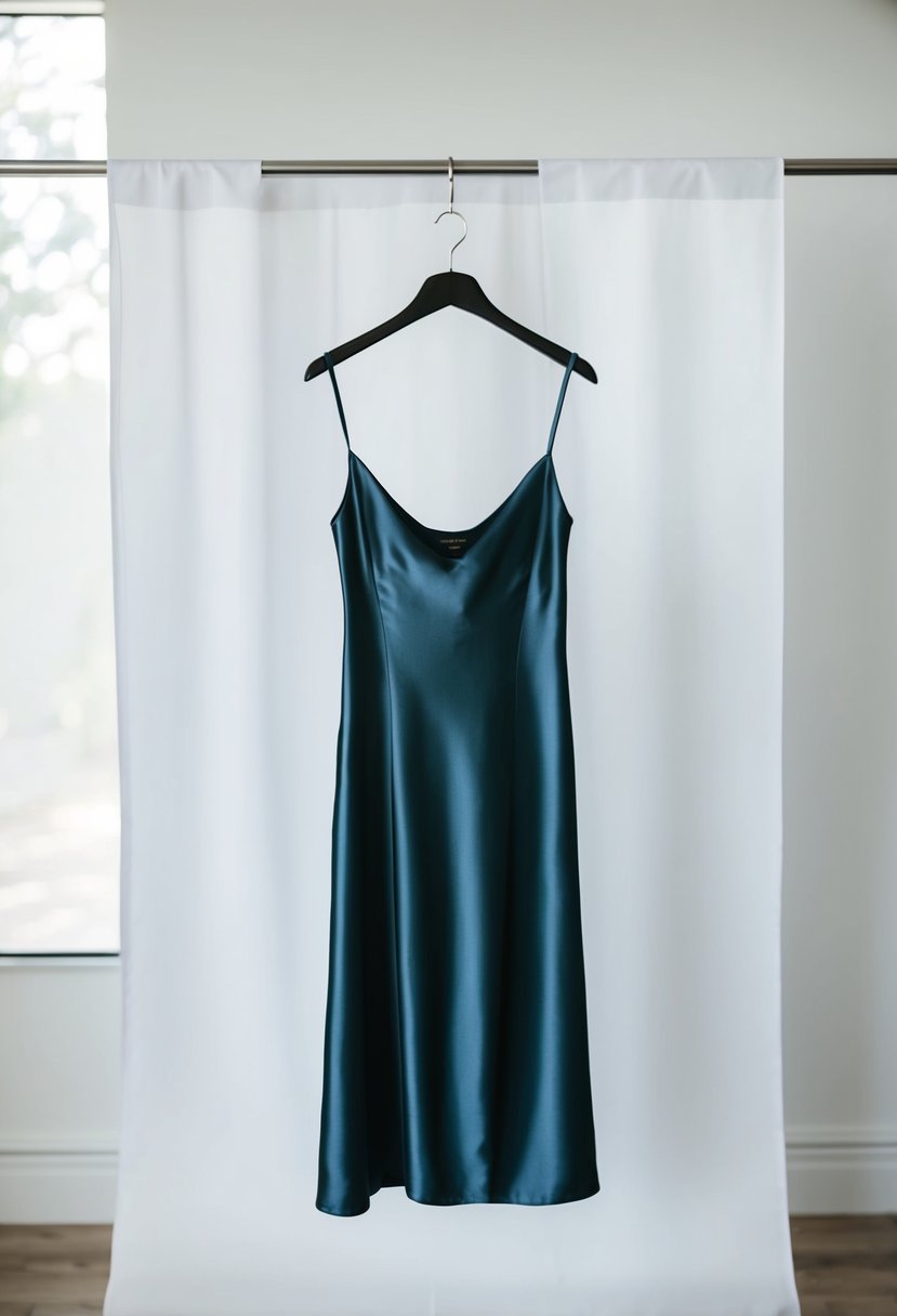 A sleek, silk slip dress hangs on a minimalist hanger against a clean, white backdrop