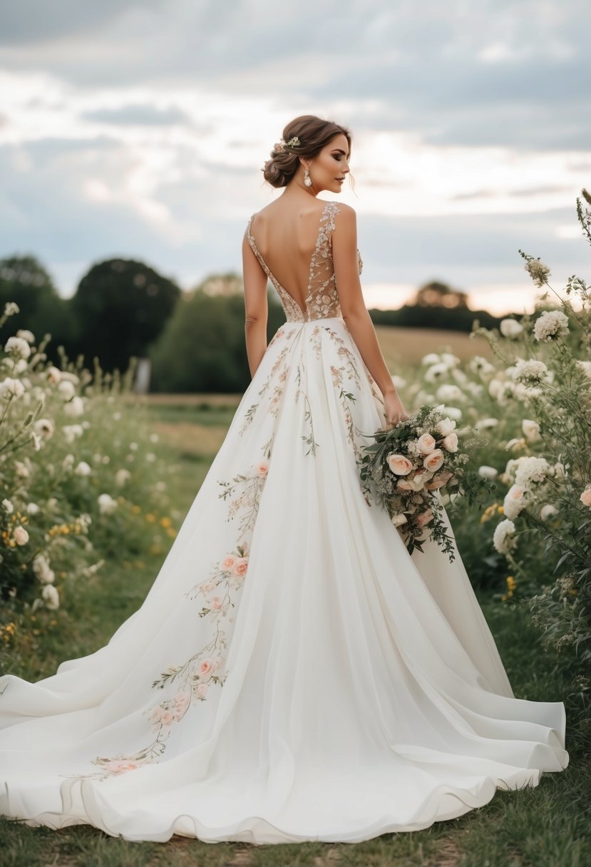 A flowing gown with embroidered flowers, set against a rustic backdrop of a countryside wedding