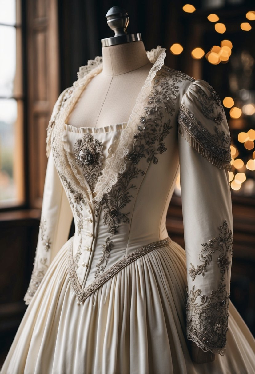 A luxurious 1800s wedding dress with intricate velvet accents for rich texture, featuring ornate lace and delicate beading