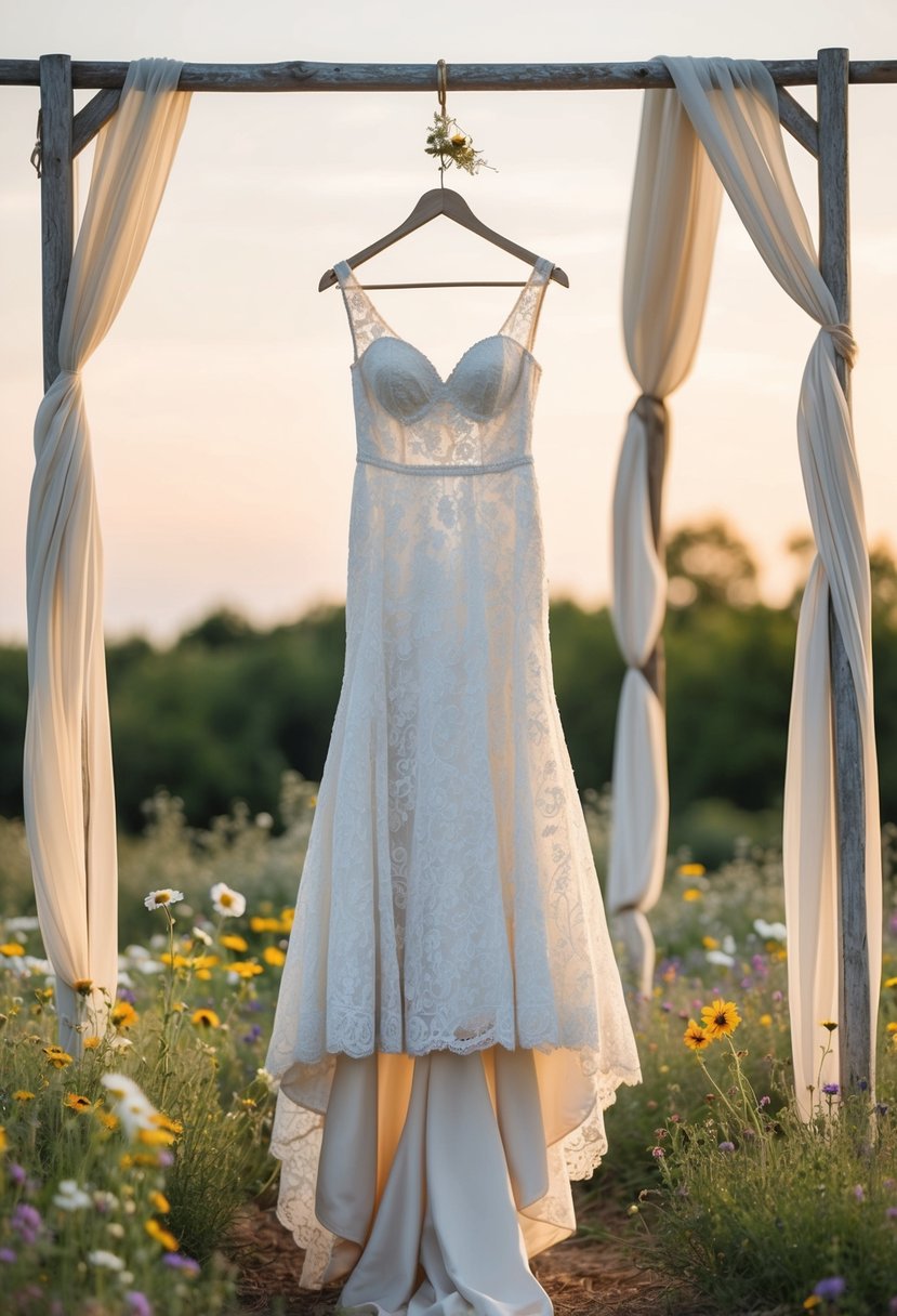 A vintage lace wedding dress hangs on a weathered wooden hanger, surrounded by wildflowers and draped fabric