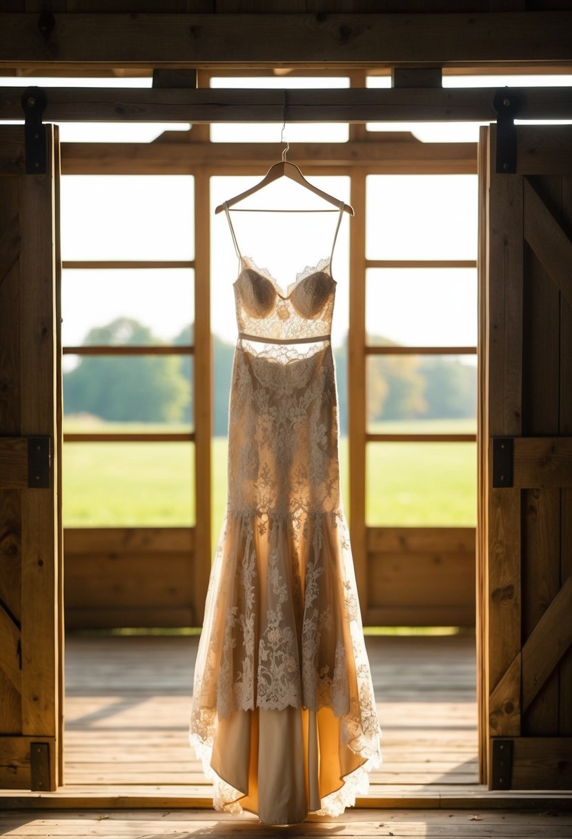 A rustic barn setting with a burlap and lace adorned gown hanging from a wooden beam. Sunlight streams through the open doors, casting a warm glow