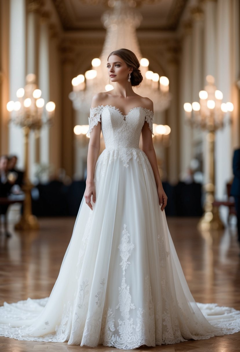 A vintage-inspired off-the-shoulder wedding dress with intricate lace details and a flowing silhouette, set against a backdrop of a grand Victorian ballroom