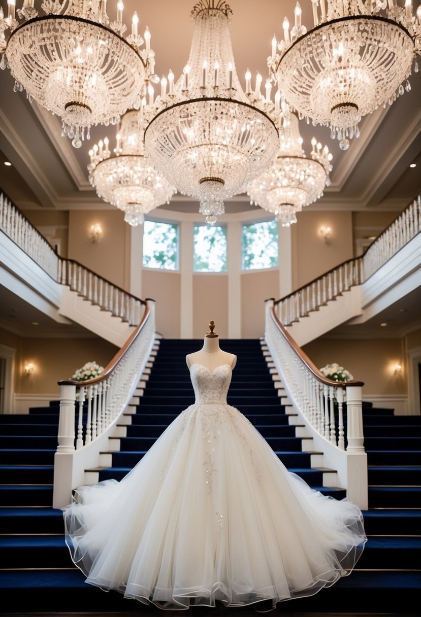 A grand ballroom with crystal chandeliers and a sweeping staircase, where a 1940s-style wedding dress with a voluminous tulle skirt is the centerpiece