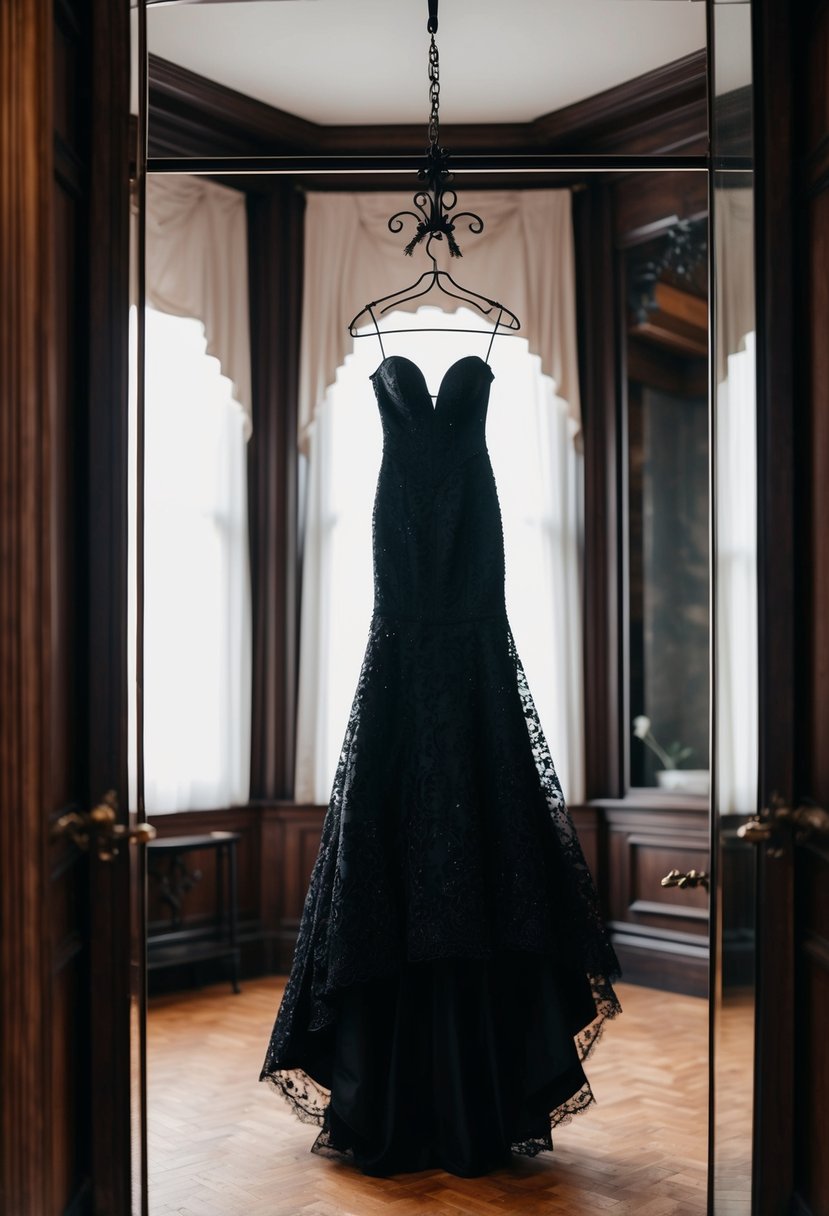 An edgy black wedding dress hangs from a wrought-iron hanger in a dimly lit Victorian-era dressing room