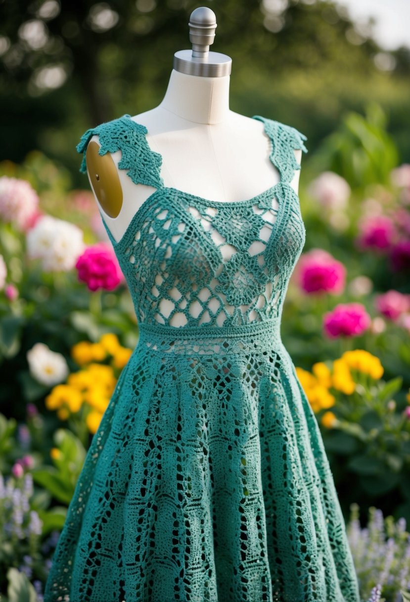 A garden-themed dress adorned with intricate crochet details, set against a backdrop of blooming flowers and lush greenery