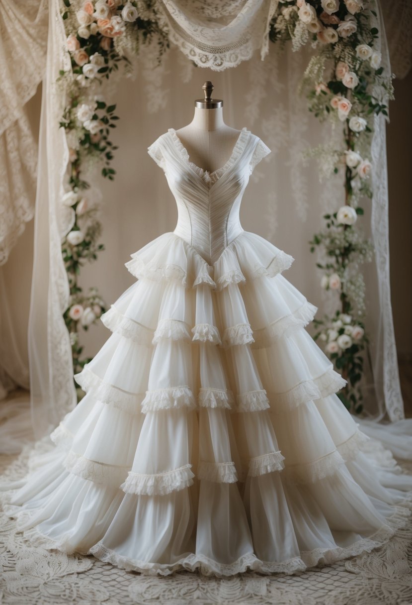 A flowing, layered 1800s wedding dress with intricate ruffled details, set against a backdrop of vintage lace and delicate floral accents