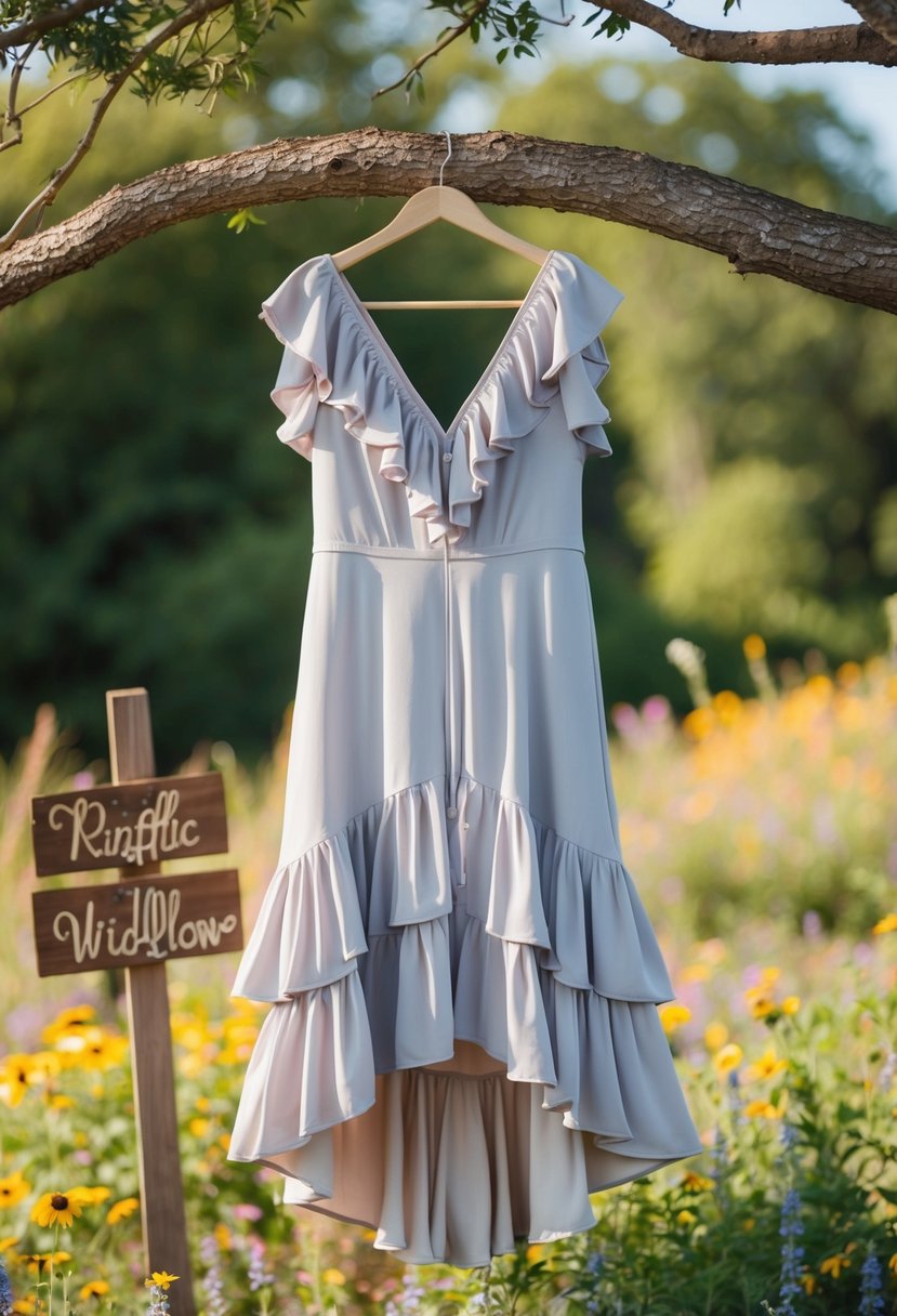 A ruffled high-low dress hangs from a tree branch in a rustic outdoor setting, surrounded by wildflowers and a wooden sign