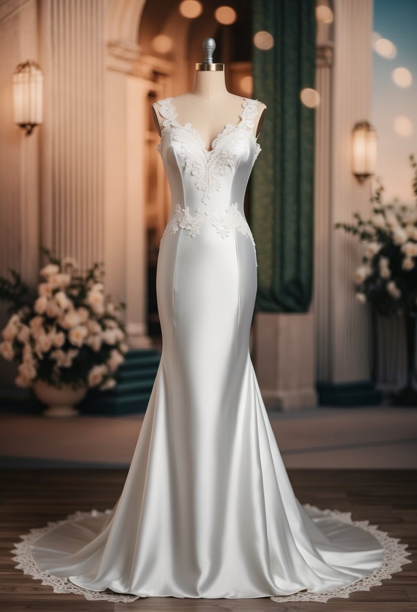 A satin mermaid dress with a 40s style silhouette, adorned with delicate lace and a dramatic train, set against a vintage backdrop of art deco architecture and soft, romantic lighting