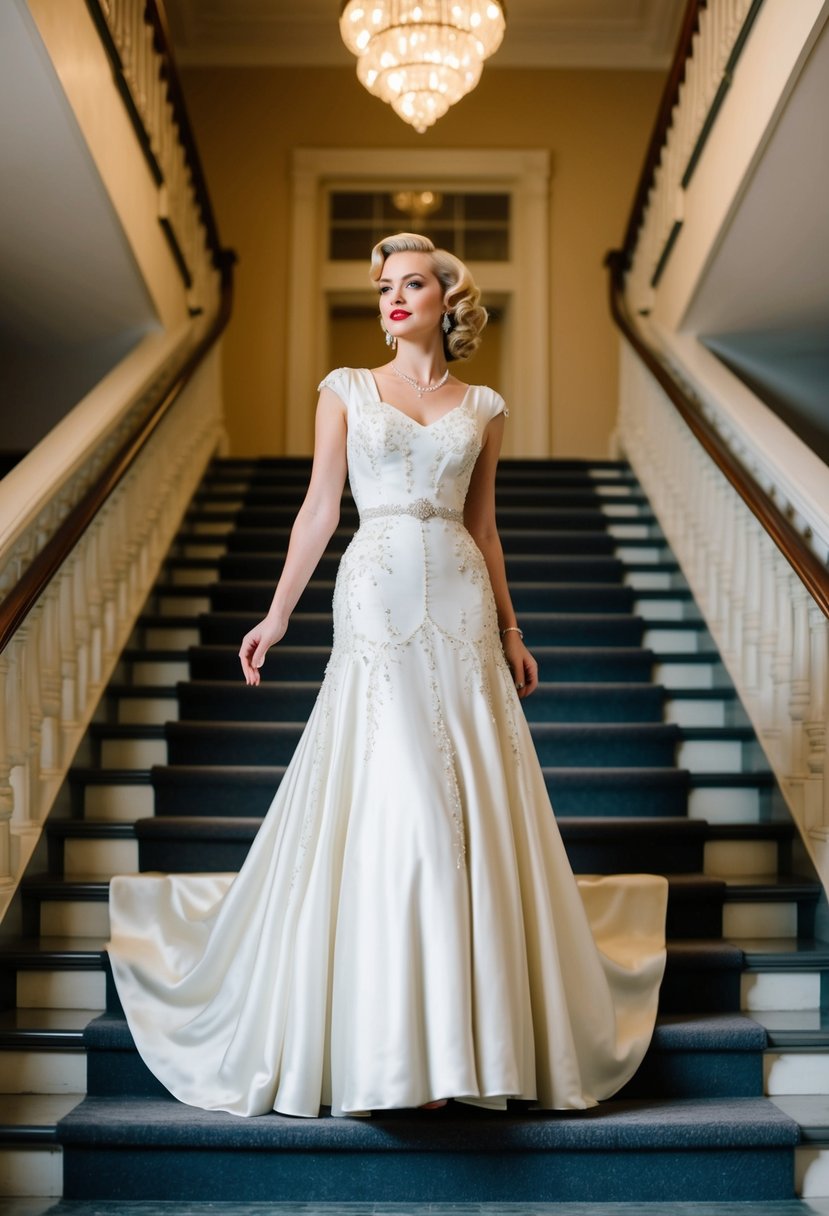 A woman in a 40s-style wedding gown stands on a grand staircase, the hem flowing gracefully from high to low. Vintage details adorn the dress, and the setting exudes old Hollywood glamour