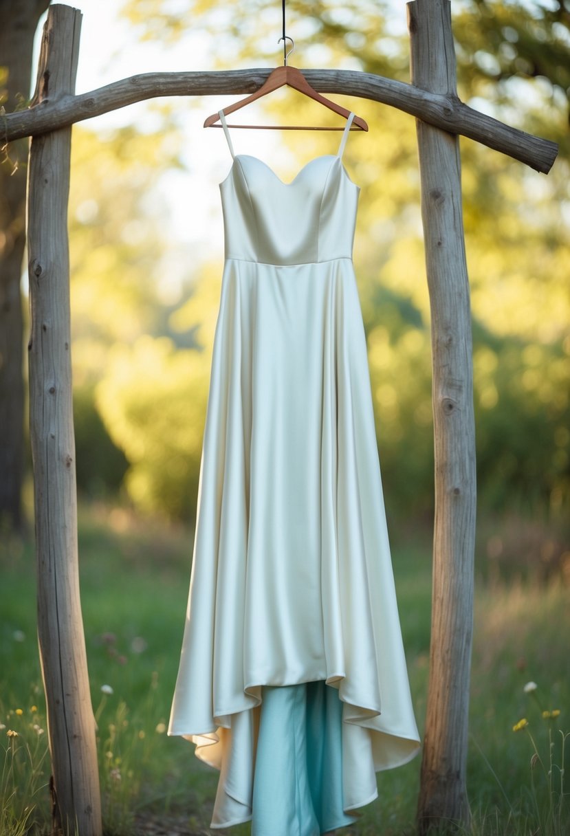 A flowing, simple gown with a satin finish hangs on a rustic wooden hanger, surrounded by soft, natural lighting