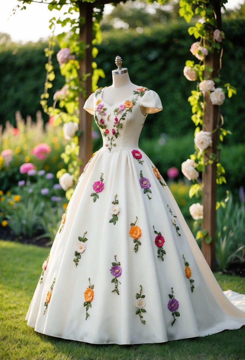 A vintage 40s style wedding dress adorned with whimsical floral appliqués, set against a backdrop of a lush garden with blooming flowers and trailing vines