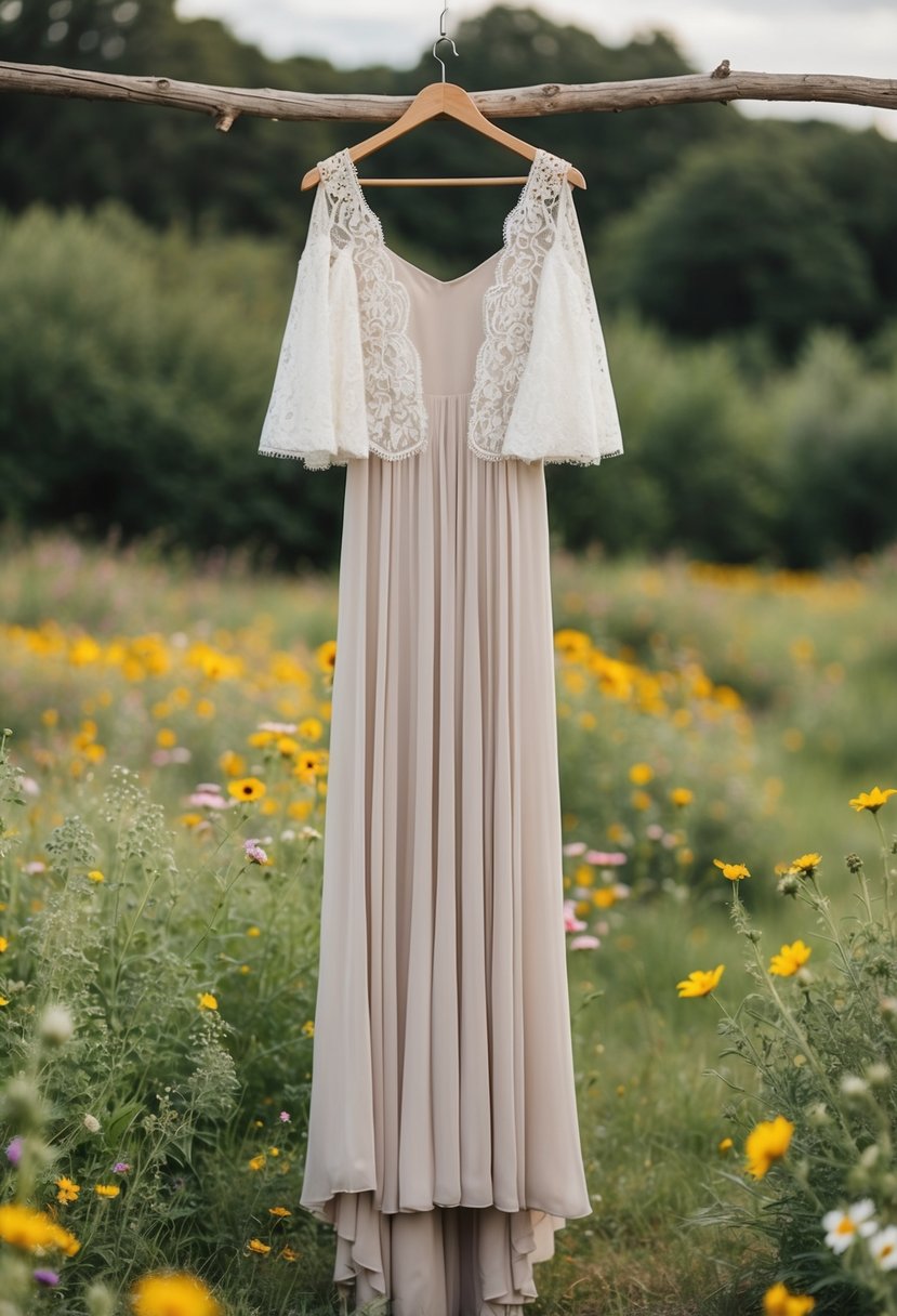 A flowing maxi dress with a detachable lace cape hangs on a rustic wooden hanger, surrounded by wildflowers and greenery