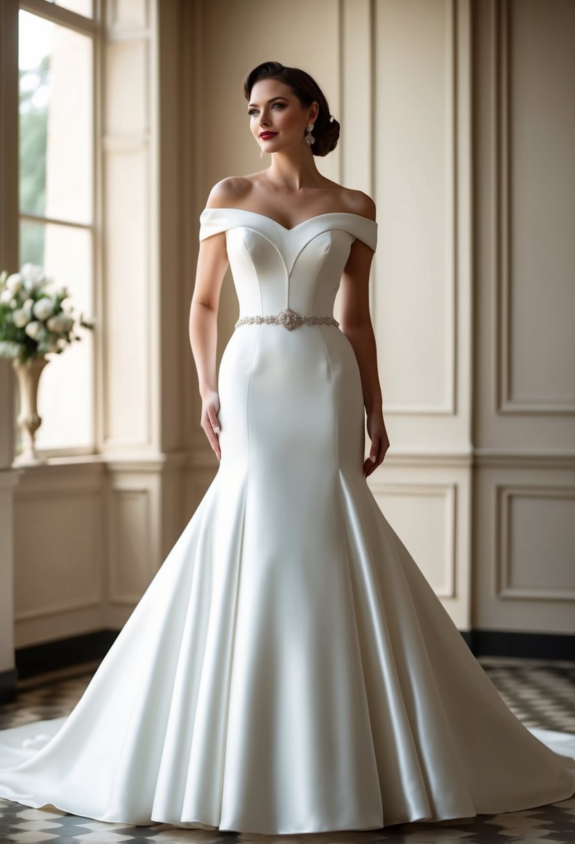 An elegant 40s-style wedding gown with an off-the-shoulder neckline, fitted bodice, and flared trumpet skirt. Classic and sophisticated