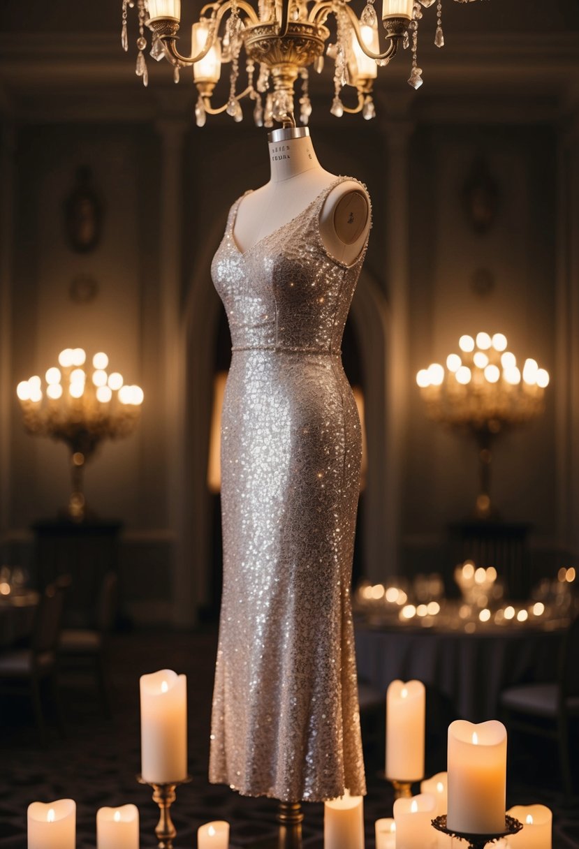 A dimly lit ballroom with a sparkling sequin sheath dress hanging on a vintage mannequin, surrounded by soft candlelight and ornate 40s decor