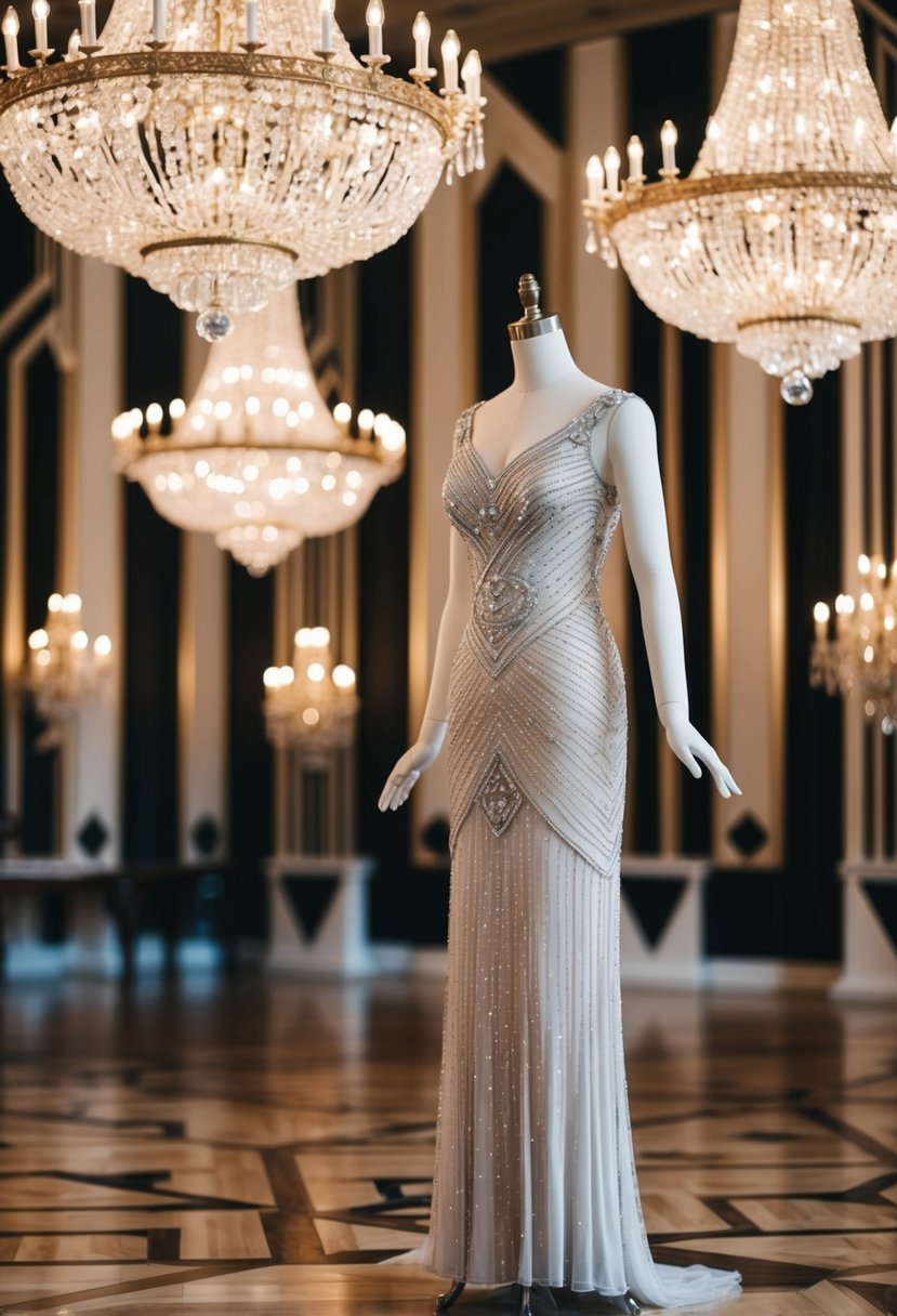 A grand ballroom with geometric patterns and opulent chandeliers, a mannequin adorned in a beaded column gown, exuding 1940s glamour