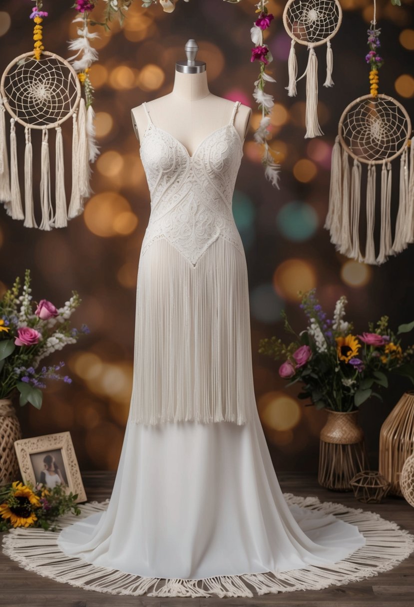 A flowing 40s-style wedding dress with fringe details, set against a backdrop of bohemian elements like dreamcatchers, flowers, and vintage decor