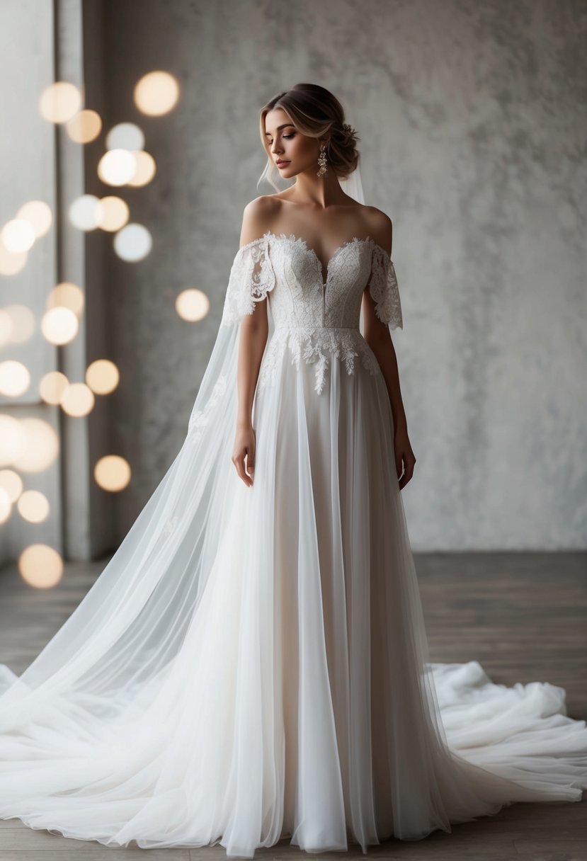 A flowing, ethereal wedding dress with delicate lace details and a romantic off-the-shoulder neckline