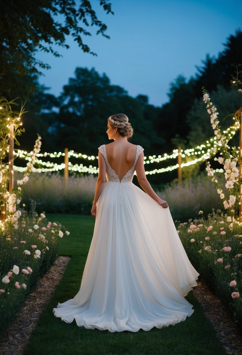 A bride stands in a moonlit garden, her chiffon gown billowing in the gentle breeze, surrounded by delicate flowers and twinkling fairy lights