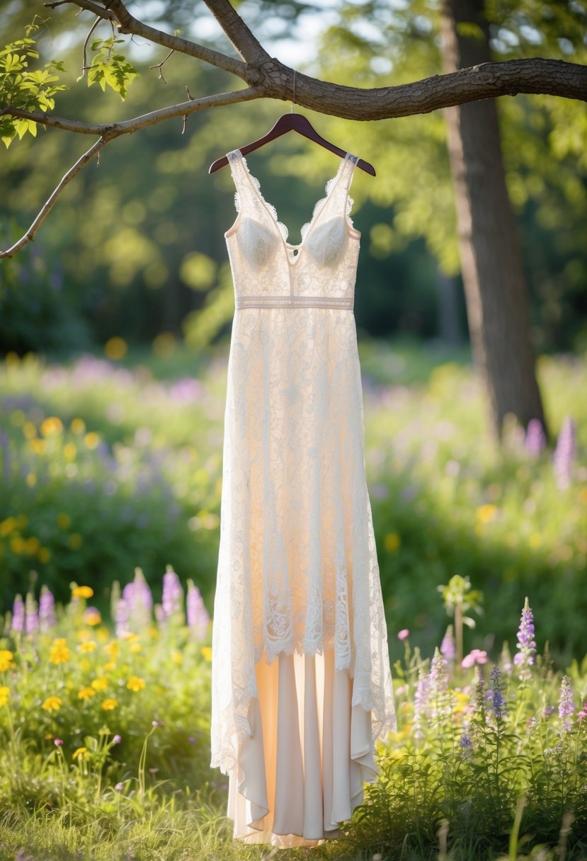 A bohemian lace gown hangs from a tree branch in a whimsical forest setting, surrounded by wildflowers and dappled sunlight