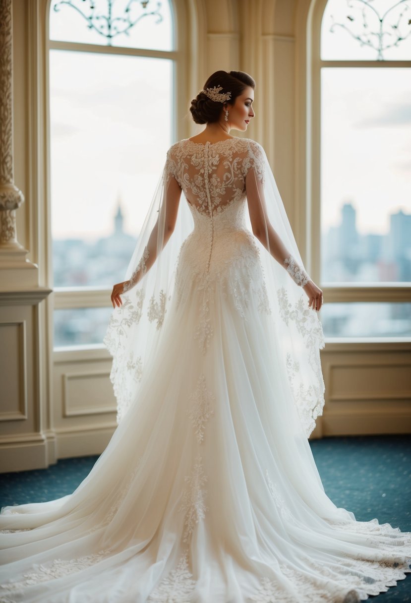 A grand, flowing cape-style wedding dress with 40s elegance, adorned with intricate lace and delicate embellishments