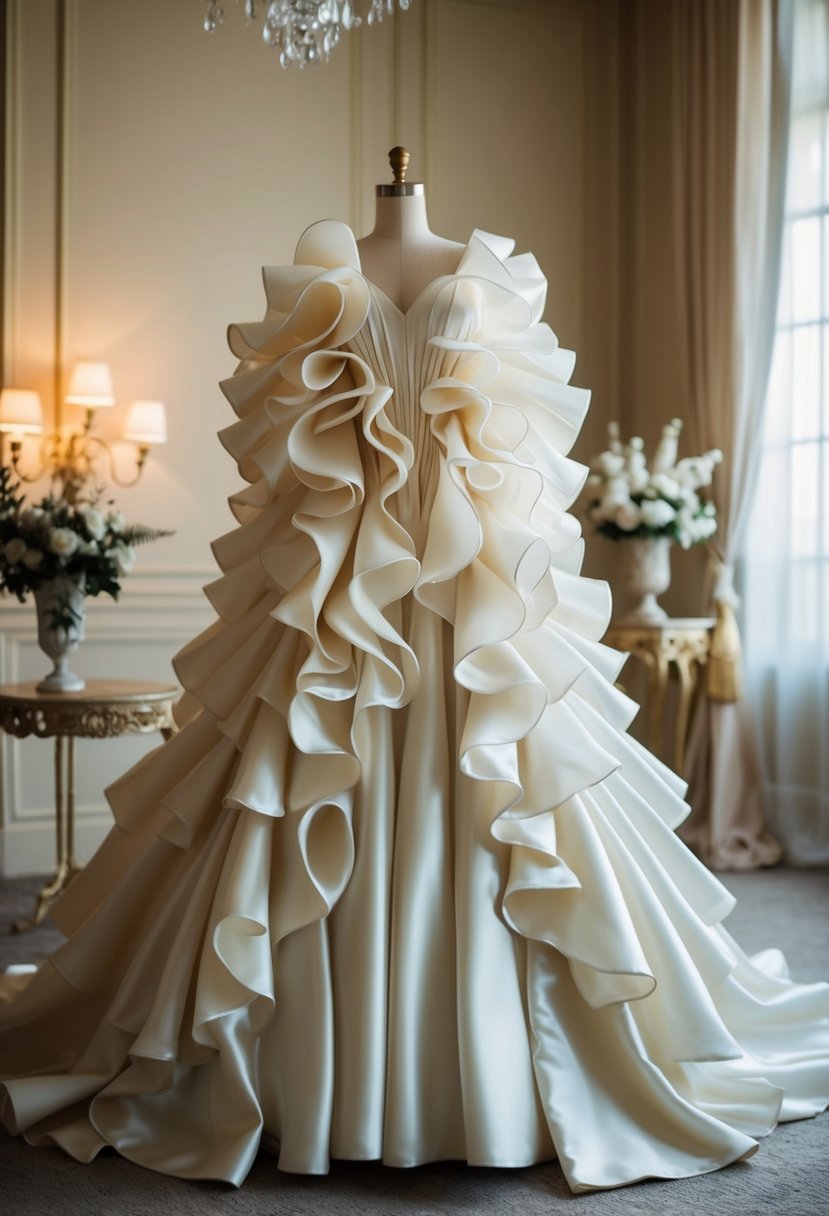 A ruffled Mikado gown billows dramatically in a vintage 40s-inspired setting, with soft lighting and elegant decor