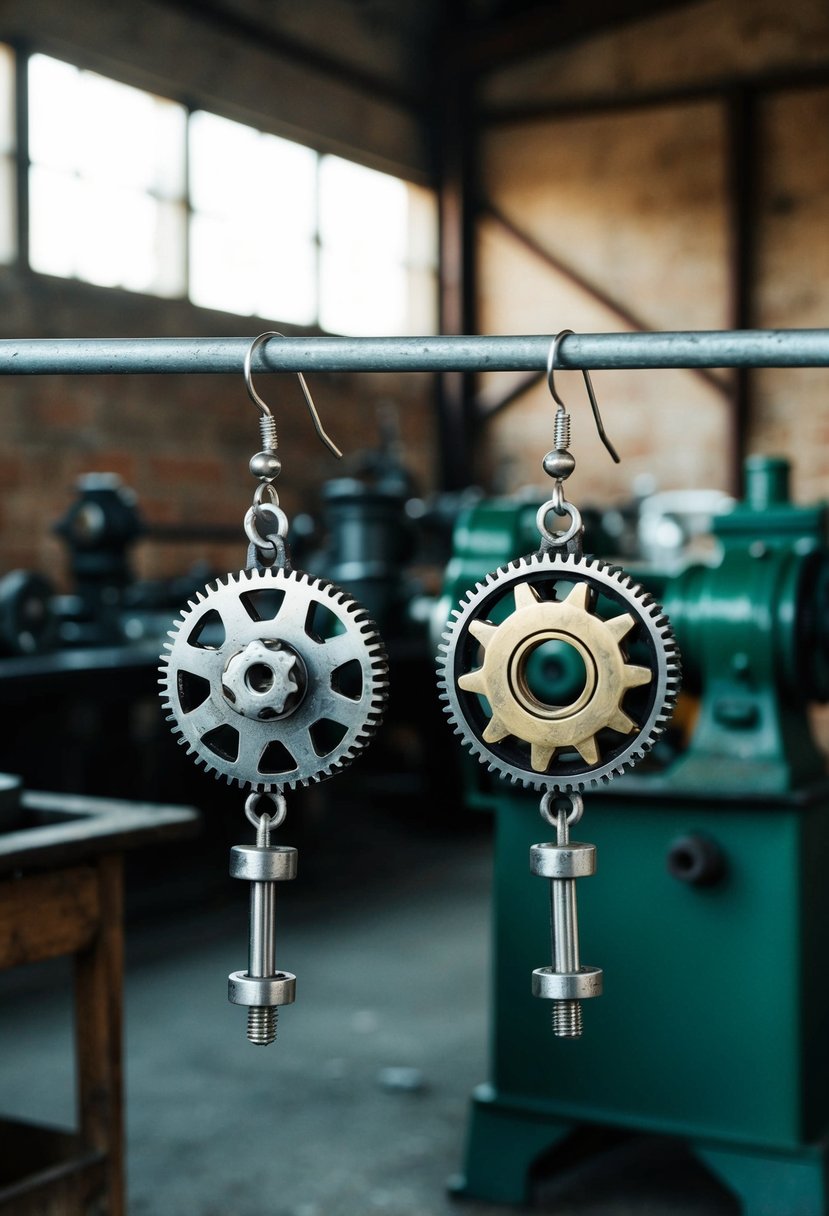 A pair of elegant industrial-themed earrings, featuring gears, bolts, and metallic accents, set against a backdrop of a rustic workshop with vintage machinery