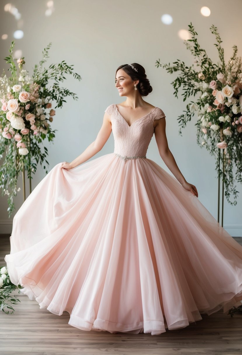 A bride twirls in a blush pink ballgown, surrounded by 1940s-style wedding decor and floral arrangements