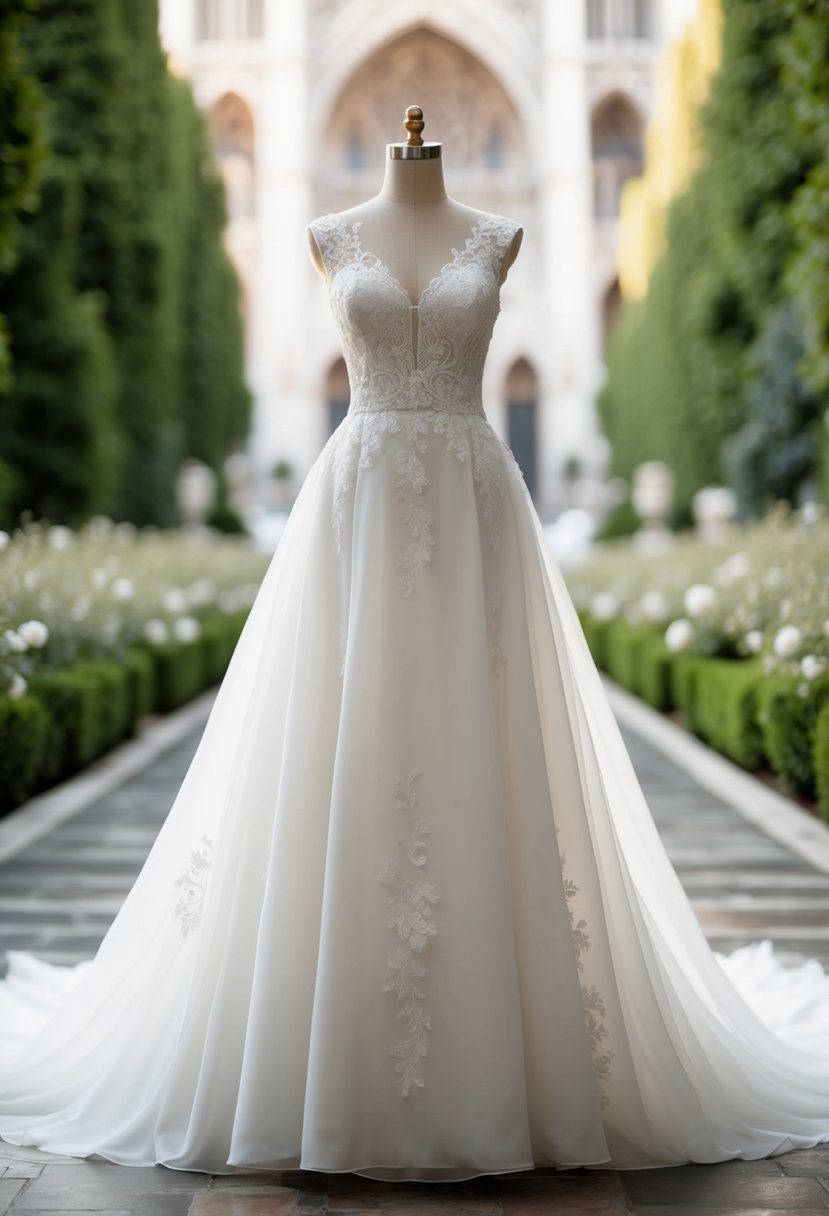 An elegant A-line wedding dress with a flowing silhouette and delicate lace details, set against a backdrop of a romantic garden or a grand cathedral