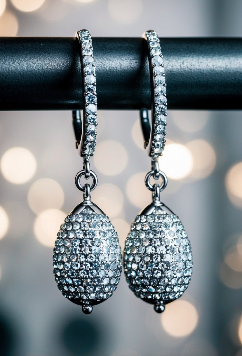 Two sparkling Swarovski-studded barbells dangle from an industrial-inspired backdrop, creating a unique and elegant wedding earring design