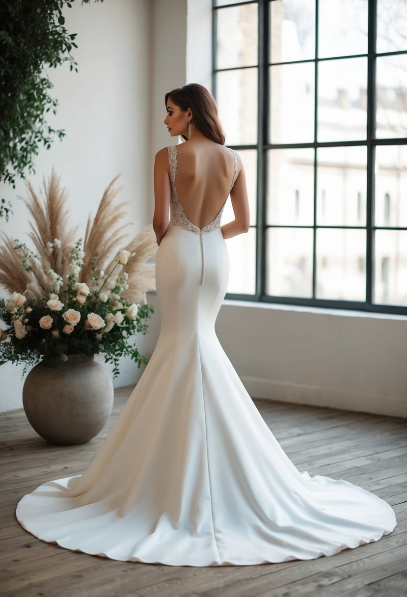 An elegant mermaid gown with an open back, flowing gracefully with no sleeves, perfect for a wedding dress