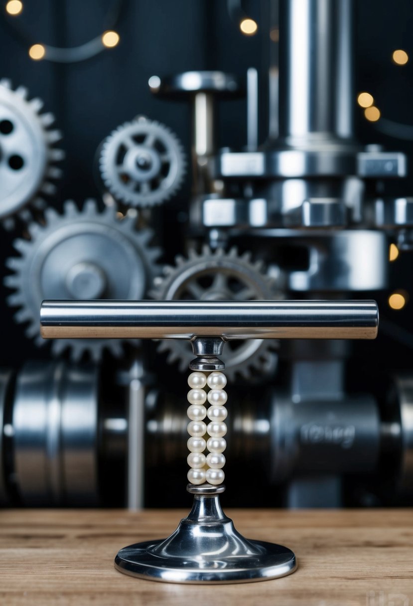 A steel industrial bar with pearl detailing, set against a backdrop of metal machinery and gears