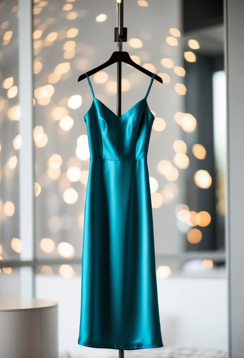 A satin slip dress hangs elegantly on a modern bridal mannequin