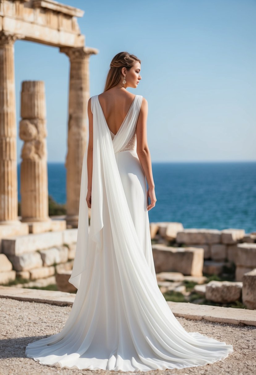 A flowing, Grecian-inspired chiffon wedding dress with delicate draping and no sleeves, set against a backdrop of ancient ruins and Mediterranean sea