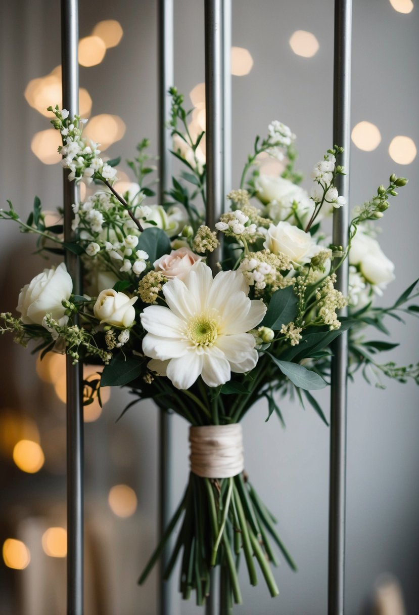 A bouquet of delicate flowers intertwined with metal bars, creating a fusion of industrial and soft floral vibes for wedding earring inspiration