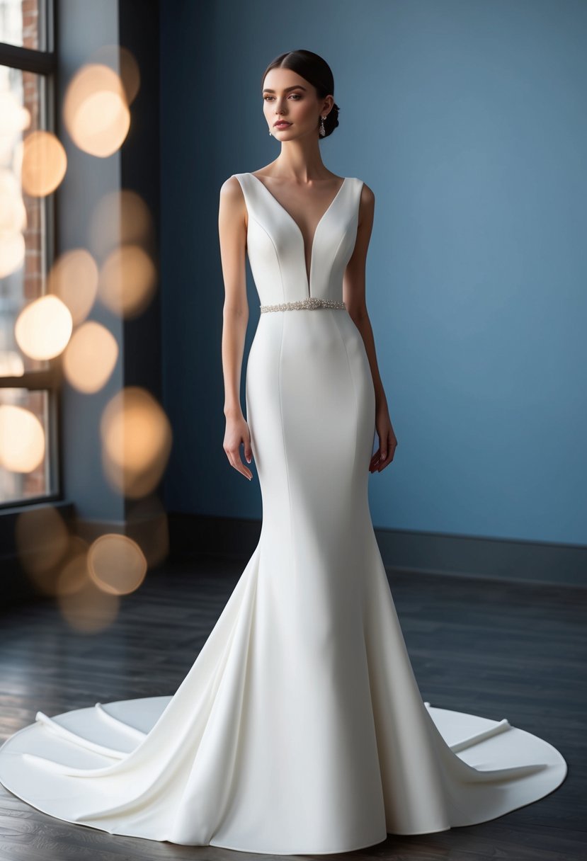 A sleek, form-fitting wedding dress with a modern silhouette, featuring no sleeves for a chic and sophisticated statement