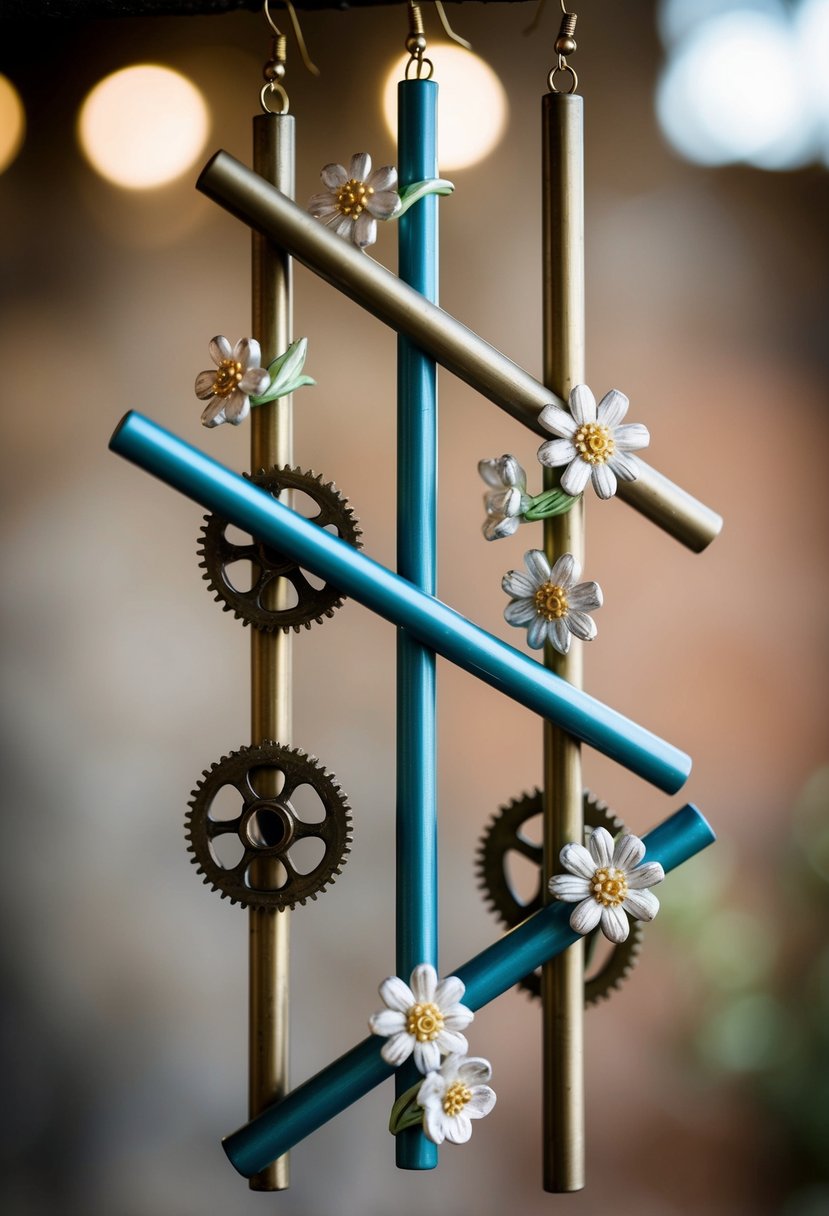 Hand-painted metal bars intertwined with delicate flowers and gears, creating unique industrial wedding earring designs