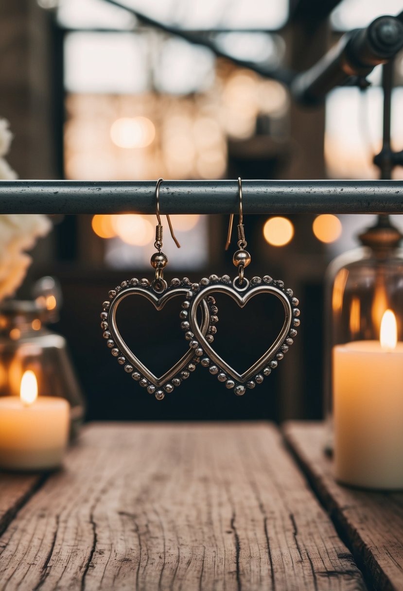 Heart-shaped metal earrings dangle from a rustic wooden table, surrounded by industrial wedding decor and soft candlelight