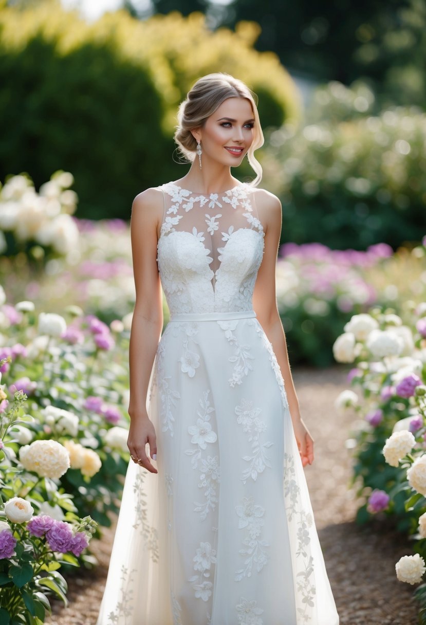 A bride stands in a garden, wearing a sleeveless floral wedding dress with an illusion neckline, surrounded by blooming flowers