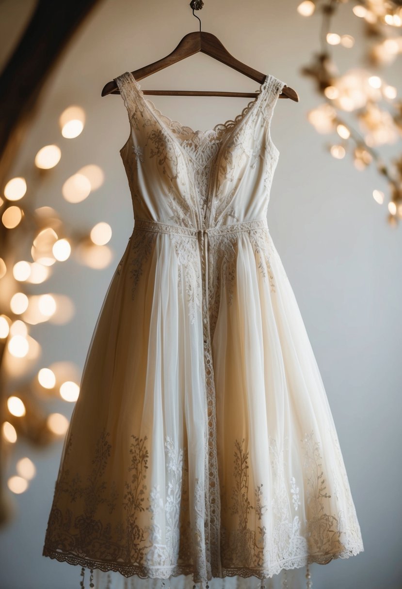 A tea length dress with a vintage-inspired design, featuring delicate lace and intricate embroidery, hangs on a rustic wooden hanger, surrounded by soft, romantic lighting