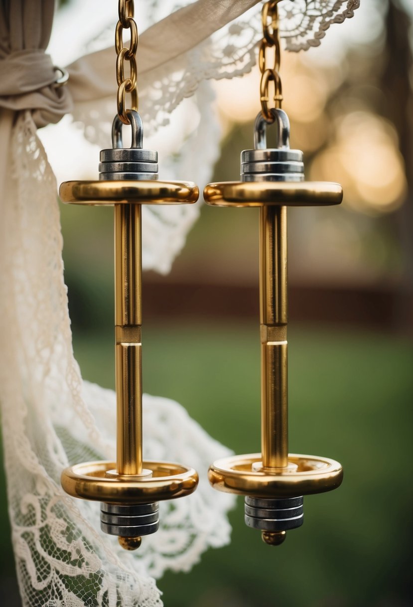 Two gold-plated industrial barbells suspended in mid-air, surrounded by delicate lace and metal accents