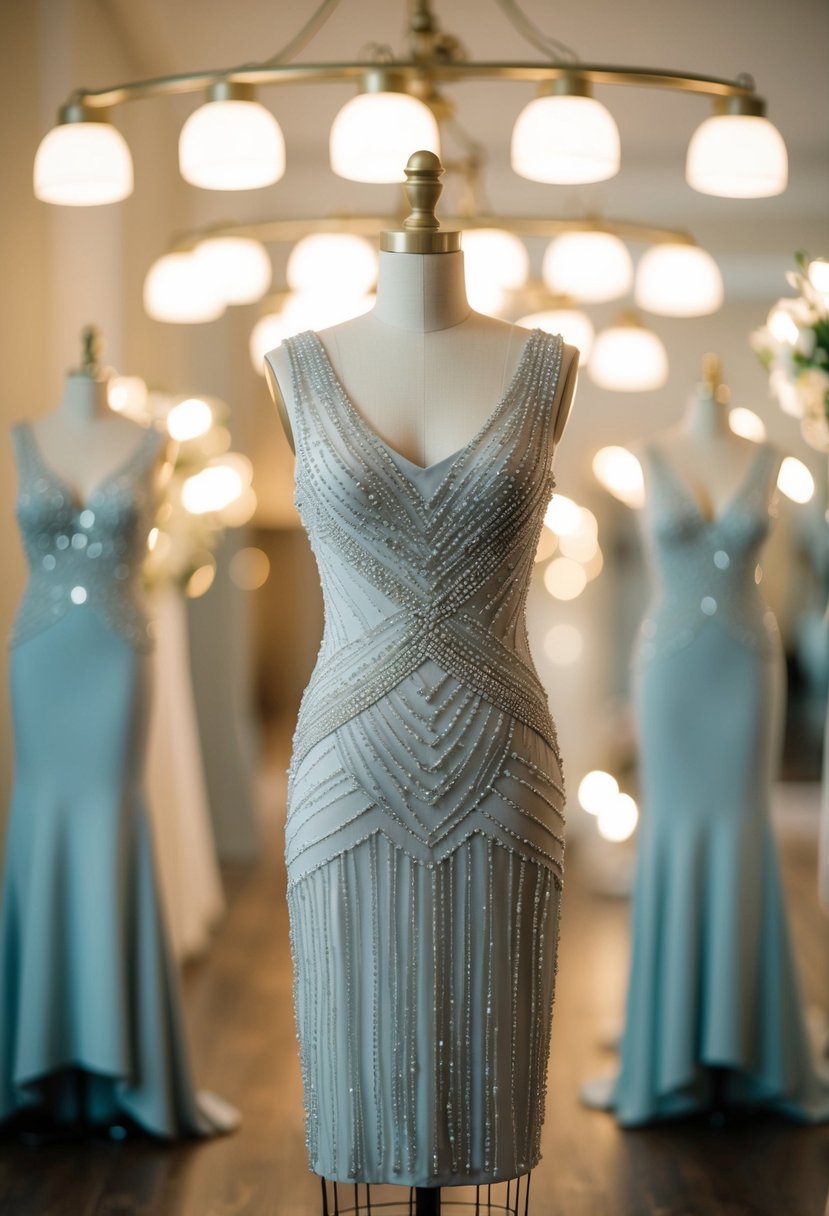 A beaded sheath dress glimmers under soft lighting, exuding elegance and sophistication